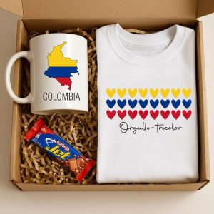 caja de regalo orgullo tricolor con camiseta, mug de colombia y chocolatina – detalles cali