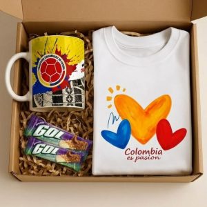caja de regalo selección colombia con camiseta, mug futbolero y chocolatinas gol – detalles cali