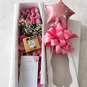 flores rosas chocolates globo regalo detalle mujer
